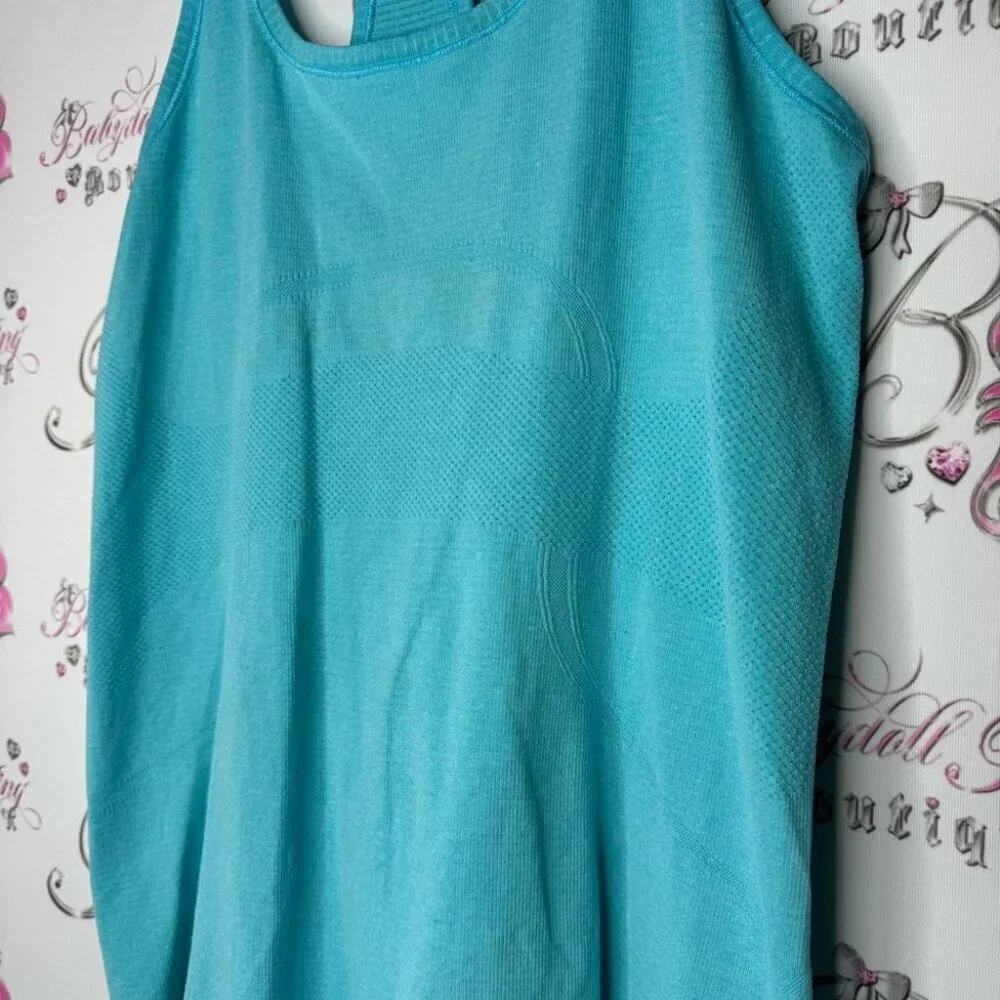 Lululemon shirt stretchy yoga rare racer back logo silver Turquoise Tank Top